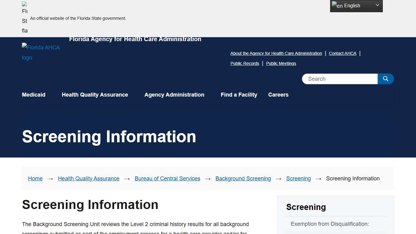 Screening Information Florida Agency for Health Care Administration